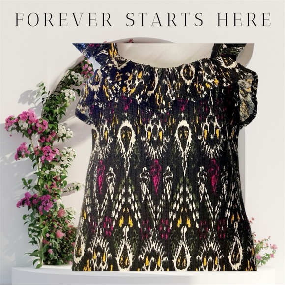 Loft Black and Multicolor Patterned babydoll top NWT! S - Picture 1 of 5